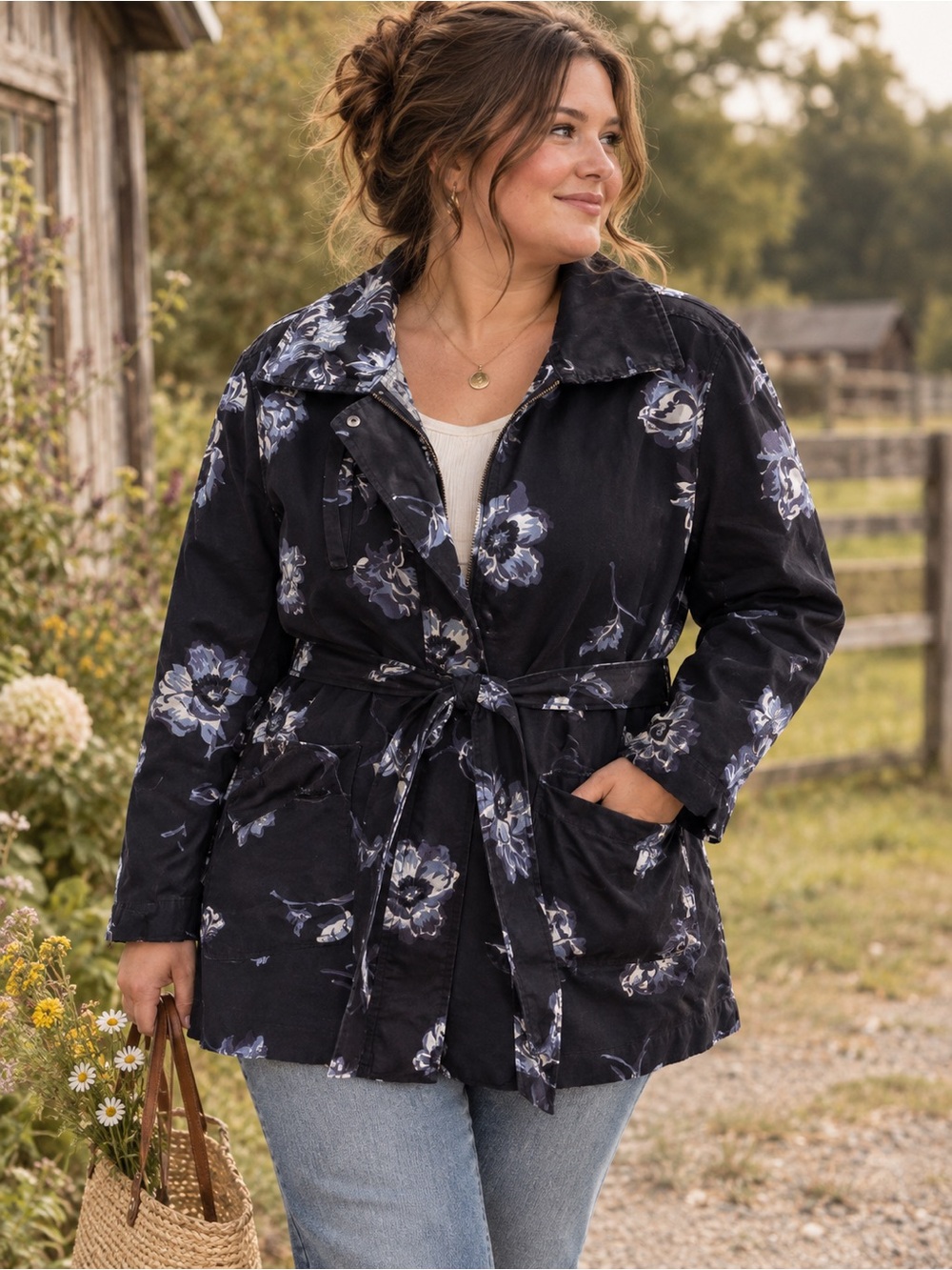 65.) Joe Fresh / COTTON / Floral Tie-Waist Jacket Coat - Navy Floral